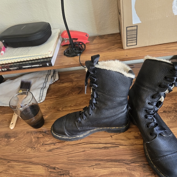 Dr. Martens Black Leather Fur-Lined Combat Boots - Picture 2 of 3